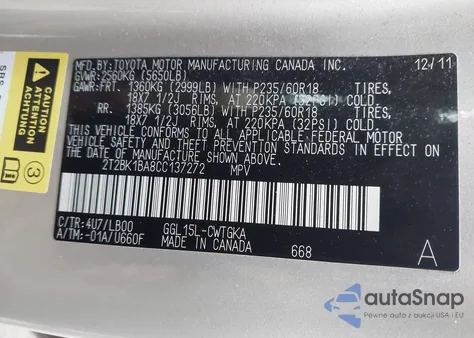 2012 Lexus Rx 350 из США, поврежденный, VIN 2T2BK1BA8CC137272